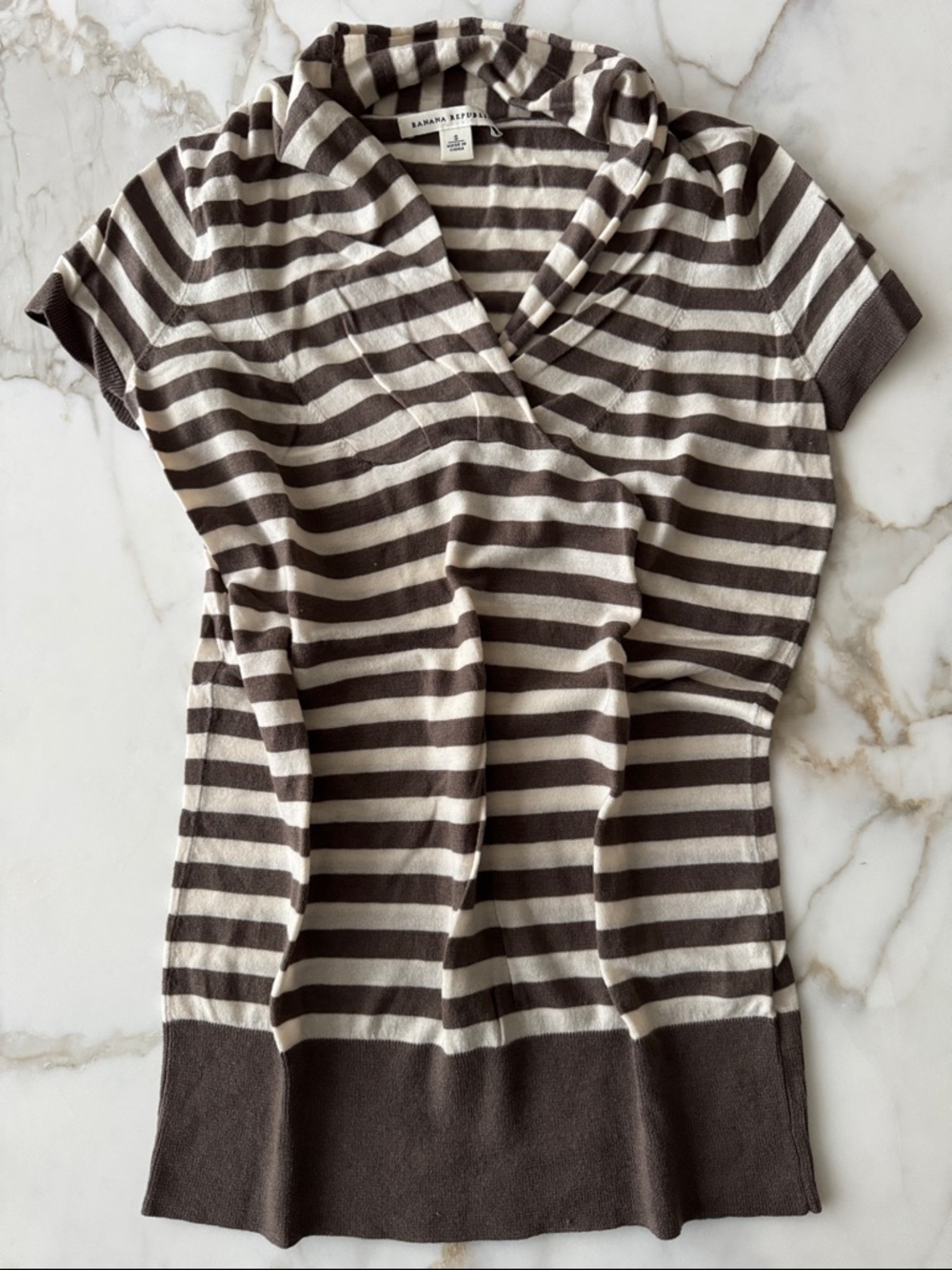 Banana Republic Brown & Cream Striped Shawl-Collar Short Sleeve Top